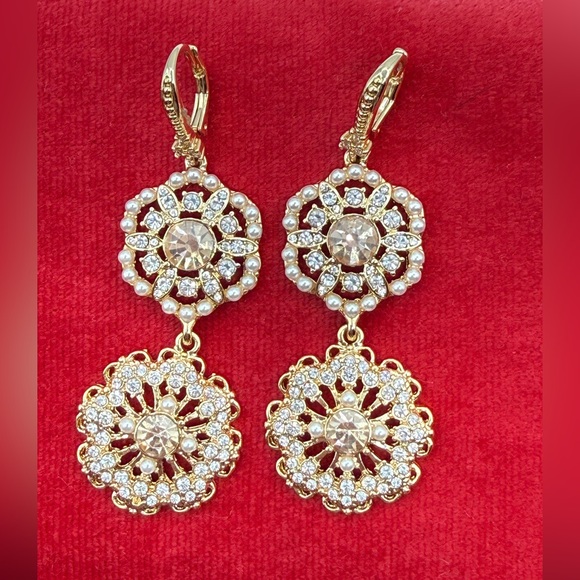 Marchesa Gold-Tone Crystal & Imitation Pearl Flower Double Drop Earrings - Picture 2 of 13